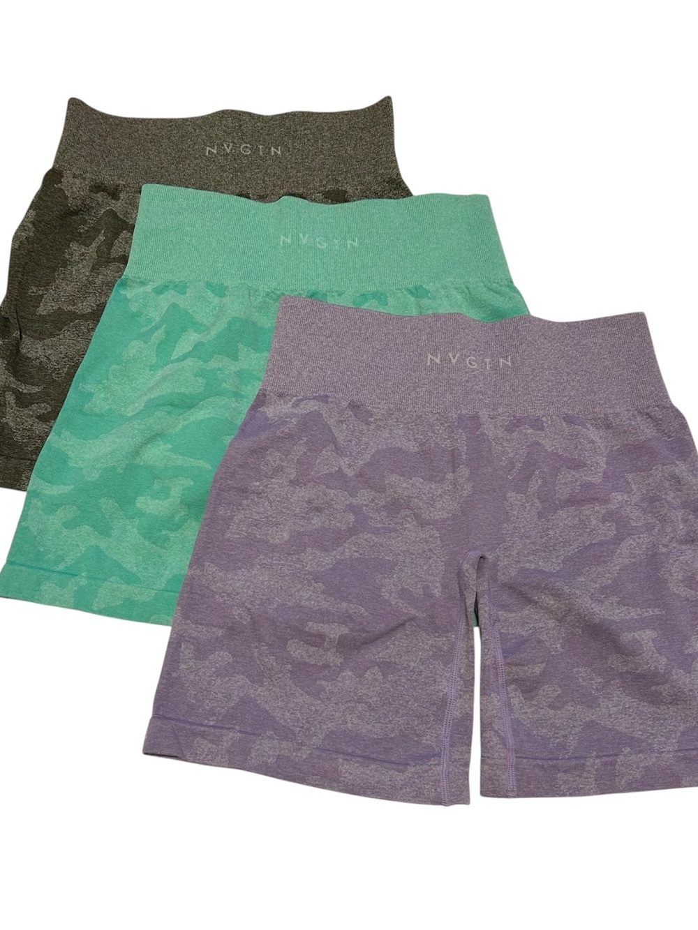 Bundle of 3 NVGTN Seamless Camo Shorts Gym Shorts Green/Grey Purple Green